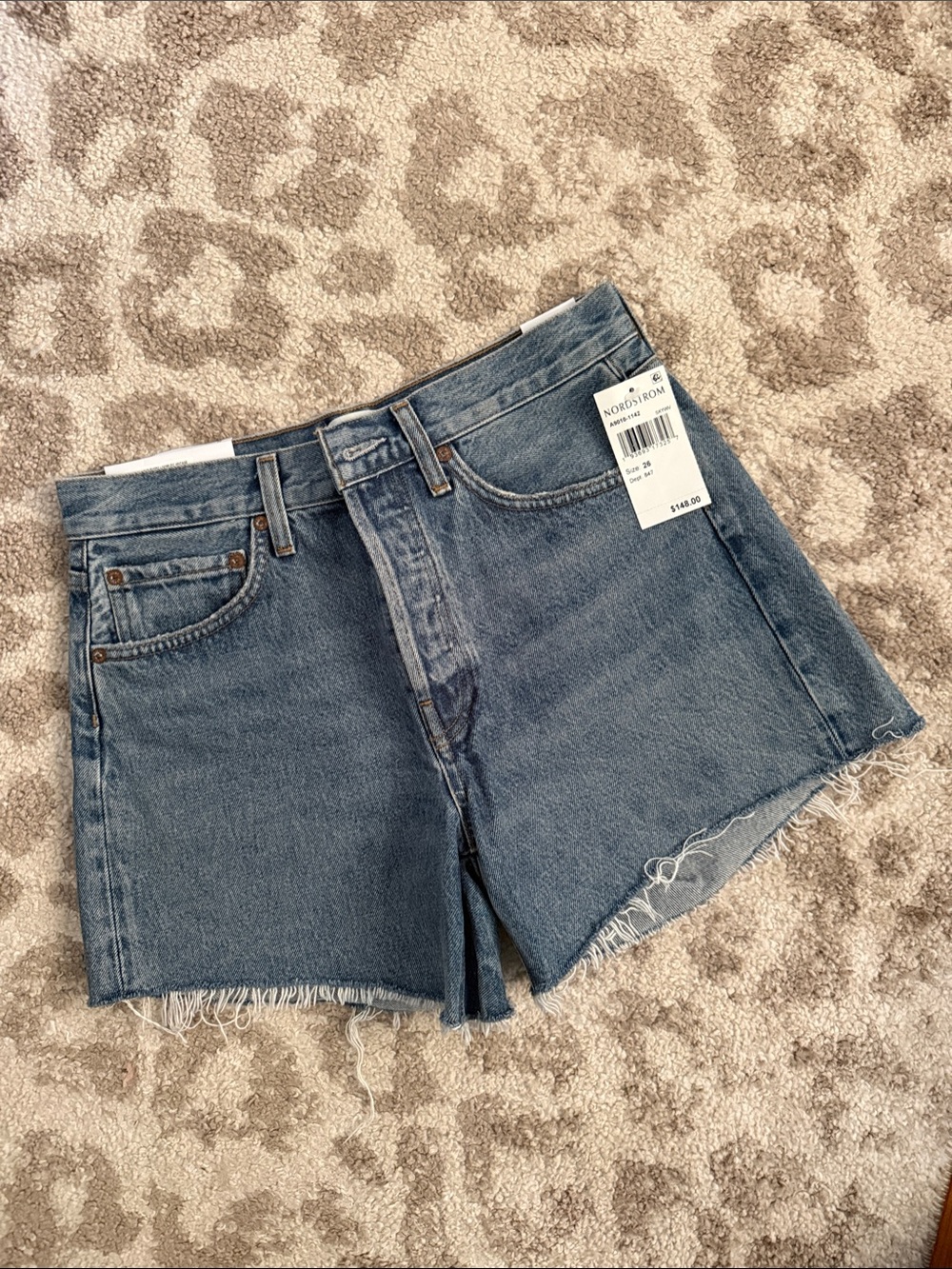 Agolde Medium Blue High-Rise Frayed Hem Jean Shorts